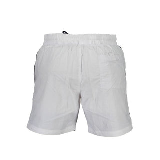 White polyamide men's swim boxer by Norway 1963, shown with a close-up of the fabric and waistband detail.