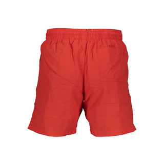 Norway 1963 men's swim boxer in red polyamide fabric, close-up view of the fitted swimwear with elastic waistband