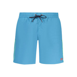 Azzurro Poliammide men's swim trunks in blue with Norway 1963 branding, displayed flat on a white background.