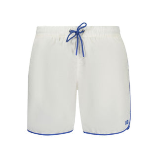 Norway 1963 men's swim boxer in white polyamide material, close-up view of the comfortable swimwear fabric.