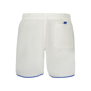 Norway 1963 men's swim boxer in white nylon-polyamide fabric, close-up of the swimming trunks with elastic waistband.