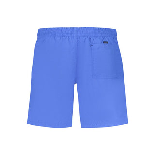 Norway 1963 men's swim boxer in blue polyamide fabric, close-up view showing the comfortable fit and smooth material.