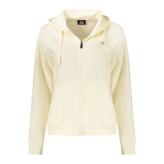 White cotton women's hoodie sweatshirt by Norway 1963, featuring a relaxed fit and hood with front pocket details.