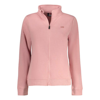 Rosa cotton women's sweatshirt by Norway 1963, soft fabric with a relaxed fit and ribbed cuffs, displayed on a hanger.