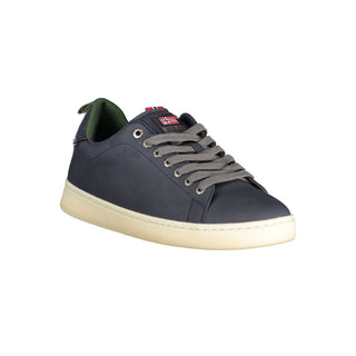 Blue polyurethane men's sneaker by Norway 1963 with white sole and casual lacing, shown from a side angle.