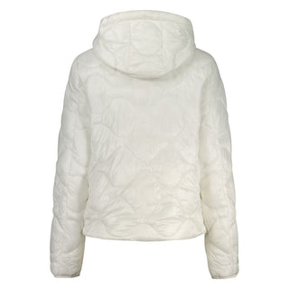 Black woman’s jacket made of bianco poliammide from Norway 1963, stylish and lightweight, displayed on a hanger.