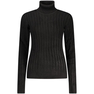 Black viscose women's turtleneck sweater by Norway 1963, close-up of soft fabric and high neckline.