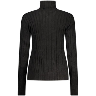 Black viscose women's turtleneck sweater by Norway 1963, close-up showing soft fabric and fitted design.