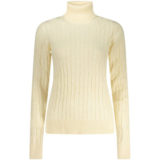 White viscose women's turtleneck sweater by Norway 1963, showing a close-up of the soft fabric and fitted design.