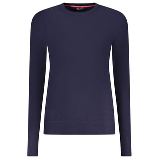 Blue viscose Donna Maglia sweater by Norway 1963, featuring a soft knit fabric and classic fit, displayed on a hanger.