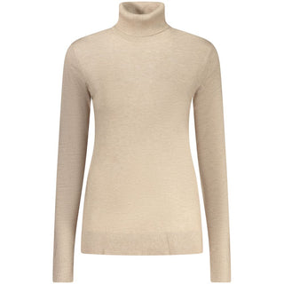 Beige viscose women's sweater by Norway 1963 featuring a relaxed fit and soft knit fabric, displayed on a hanger.