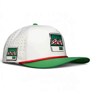 Logie Joe's Golf vintage snapback hat with built-in magnetic ball marker holder, adjustable fit, white and green design.