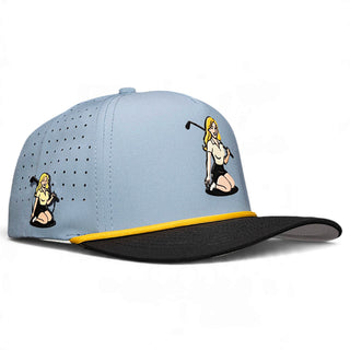 Logie Joe's Golf Fore the Boys adjustable blonde light blue snapback golf hat with built-in magnetic ball marker holder and marker included.