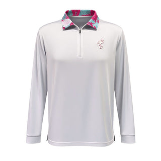 Elephant meets Flamingo performance quarter-zip hoodie by Logie Joe's Golf, lightweight moisture-wicking pullover being ironed