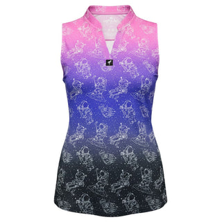 Women's Constellation sleeveless golf polo by Logie Joe's Golf, moisture-wicking performance top on ghost mannequin