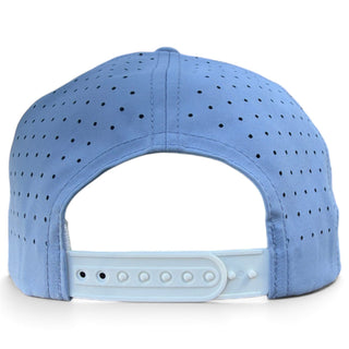 Logie Joe's Golf Fore the Boys snapback hat with built-in magnetic ball marker holder and adjustable fit in light blue and blonde.