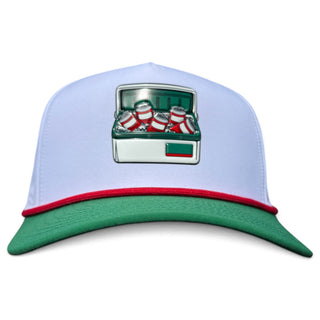 Vintage Logie Joe's Golf snapback hat with built-in magnetic ball marker holder, adjustable white and green golf cap.