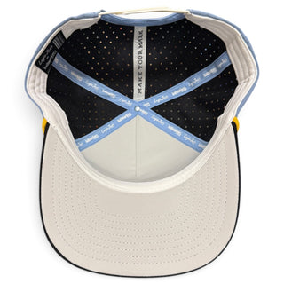 Logie Joe's Golf Fore the Boys light blue snapback golf hat with built-in magnetic ball marker holder and adjustable fit.
