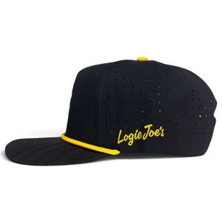 White tiger-designed Logie Joe's Golf snapback hat with magnetic ball marker holder and adjustable fit.