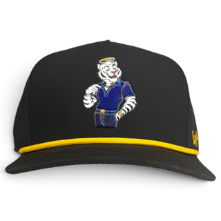 White Saintly Tiger golf hat by Logie Joe's Golf, adjustable snapback cap with built-in magnetic ball marker holder and included marker.