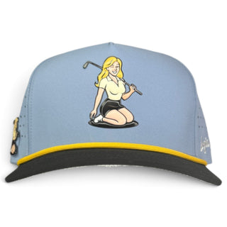 Logie Joe's Golf Fore the Boys adjustable blonde light blue snapback hat with built-in magnetic ball marker holder and marker included.