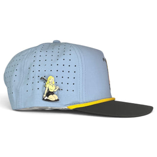 Logie Joe's Golf Fore the Boys adjustable blonde light blue snapback hat with magnetic ball marker holder and included marker.