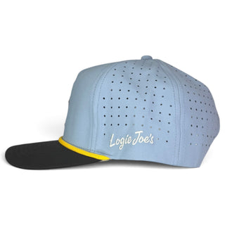 Logie Joe's Golf Fore the Boys adjustable blonde light blue snapback cap with built-in magnetic ball marker holder and included marker.