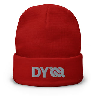 Red CozyCore™ cotton-blend knit beanie by Dark Yarn, showing its front view with a snug, warm fit and textured knit pattern.
