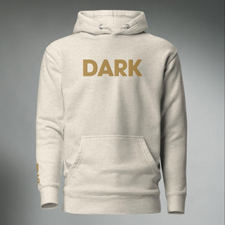 Unisex oatmeal heather hoodie from Dark Yarn with front view, featuring a hooded sweatshirt design and casual fit.