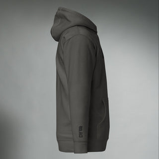 Dark Yarn unisex black hoodie, premium pullover with hood, featuring a vintage-style design and comfortable fit.